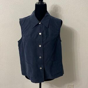 Navy Blue Laura Scott Sleeveless Collared Button Down Blouse Size 14 Made in USA
